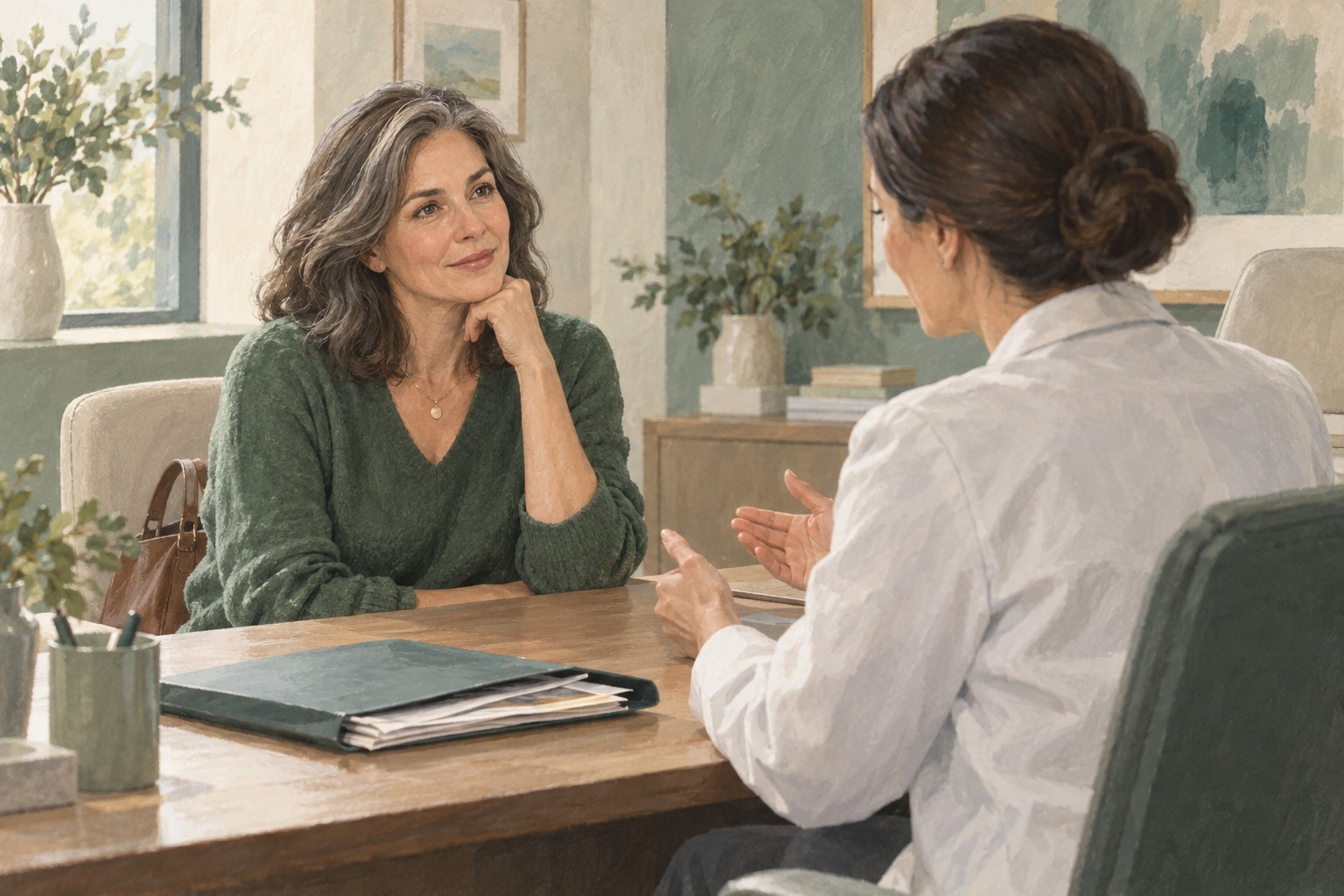 Ilustración de una mujer adulta conversando con una profesional de salud sobre su seguimiento