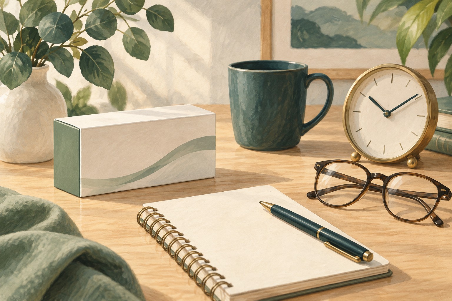 Ilustración de una libreta, un envase sin marca y un reloj sobre un escritorio