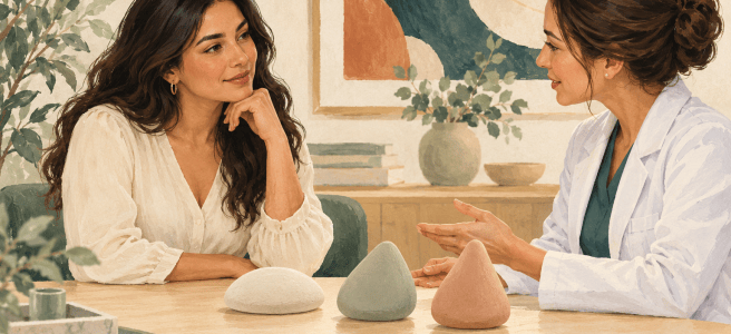 Ilustración de una mujer conversando con una profesional sobre opciones de cirugía mamaria